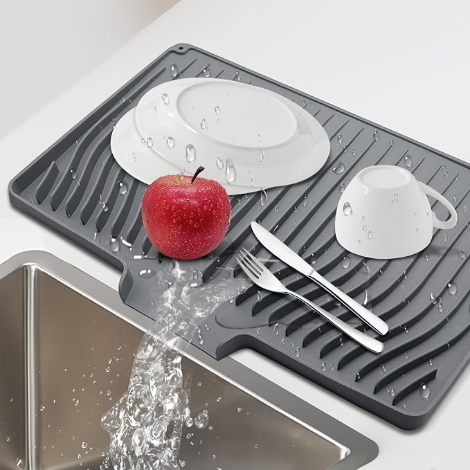 Silicone Dish Drying Mat for Kitchen Countertops and Sinks,19 x13.7 Inch Non Slip Heat Resistant Mat with Built In Drainage System,For Refrigerator and Drawer Liners (Gray, 19 x13.7 Inch)