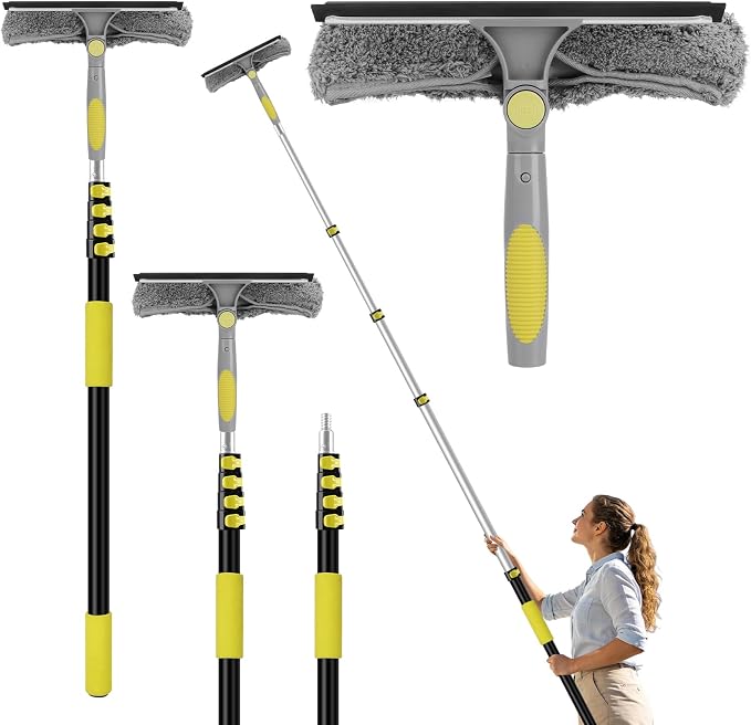 Window Squeegee with Extension Pole, 20FT Reach Squeegee for Window Cleaning, 2-in-1 Windows Washer, 180°Rotated Windows Cleaner Squeegees, Washable Window Squeegees for Home, Mirror, Car