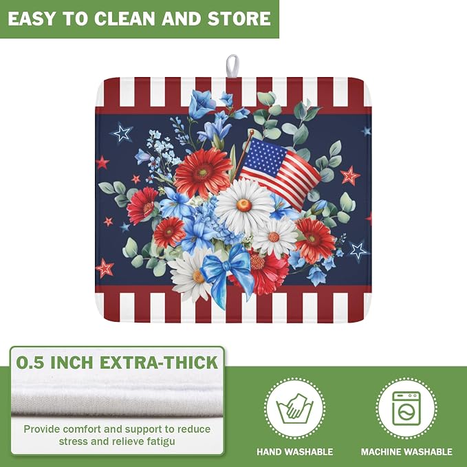 4th of July Dish Drying Mat for Kitchen Counter Patriotic Red Blue and White Floral American Flag Microfiber Dish Drainer Mat Absorbent Washable Drying Pad Extra Large 16"x18"