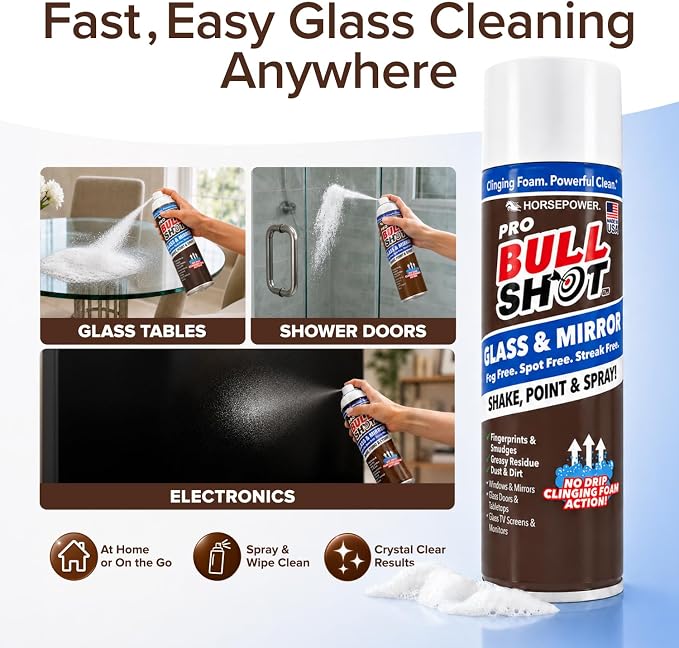 Horsepower Bull Shot Glass & Mirror Cleaner, As Seen On TV, No-Drip Foaming Glass Cleaner for Mirrors, Windows & TV Screens, Made in USA