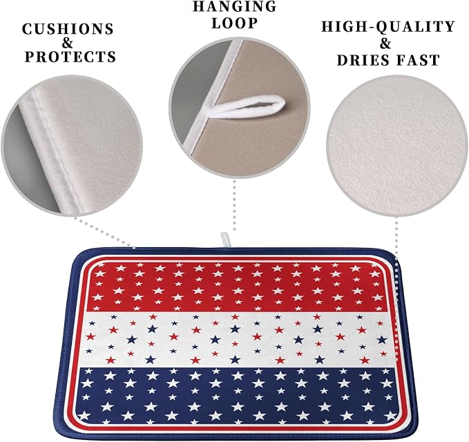 4th of July Dish Drying Mat for Kitchen Counter Patriotic Red White Blue Stars Drying Pad Microfiber Absorbent Dish Draining Mat Microfiber Independence Day Dish Drainer Rack Mats 16x18 Inch