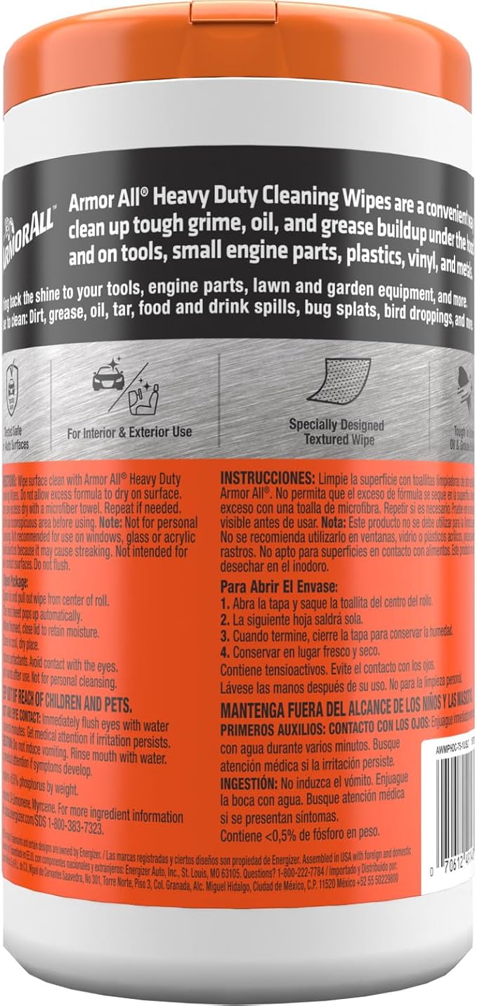 Armor All Heavy Duty Cleaning Wipes, Disposable Car Wipes (75 Count) | Textured Armor All cleaning wipes for interior & exterior cleaning on plastic, metal, vinyl, tools, and lawn equipment