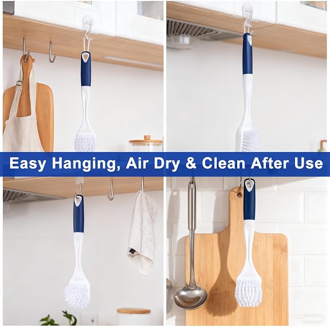 ITTAR Kitchen Dish Brush with Long Non-Slip Handle, 2-in-1 Kitchen Scraper & Brush, Heavy-Duty Non-Scratch Scrub Brush for Sink, Pots, Pans, Burnt Food Grease Stove Sink Cleaning-White & Blue