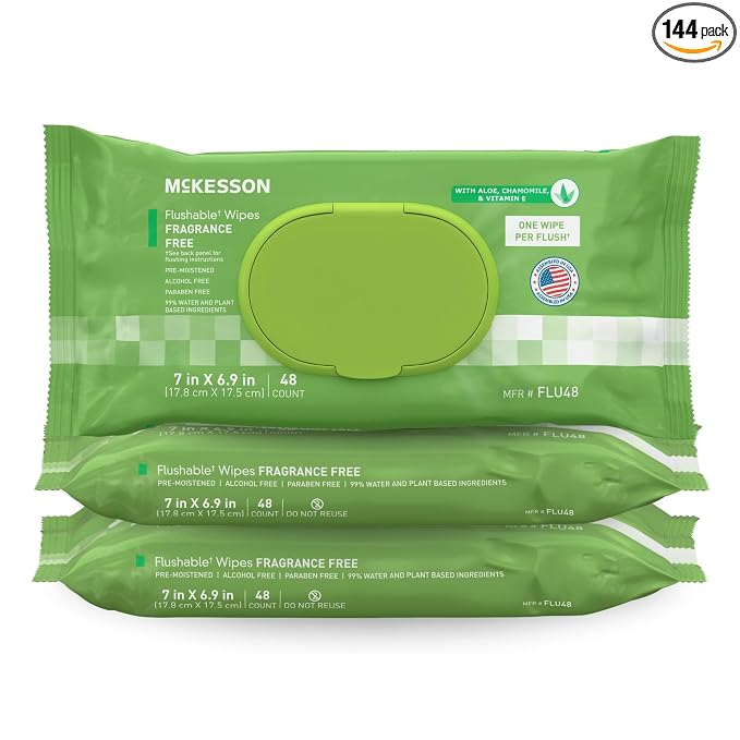 McKesson Flushable Adult Wet Wipes XL, Unscented, 144 Wipes (3 Pack of 48) | Aloe & Vitamin E, Plant-Based Cleansing Wipes, Gentle on Skin, Plant-Based Adult Cleansing Wipes