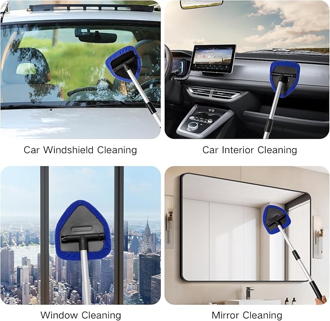 Qydipclin 10pcs Windshield Cleaner Tool, Car Window Cleaning Wash Kit with 4 Reusable Microfiber Pads 1 Spray Bottle and Extendable Handle Auto Glass Wiper Kit, Blue
