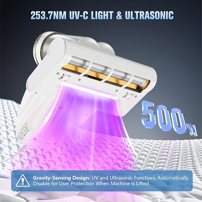 Mattress Vacuum with UV-C Light,16Kpa Bed Vacuum Cleaner for Sofa,Crib | 140°F High Heat, Ultrasonic, Double Dust Cup, Anti-Entanglement Roller, 5m Cord, 500W Motor, for Mattress, Couch, Pet Bed