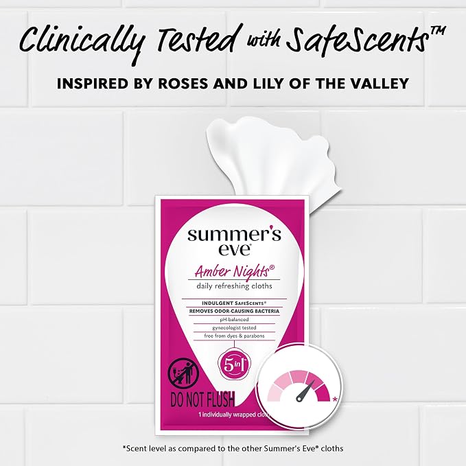 Summer's Eve Amber Nights Feminine Wipes, with Gentle pH-Balanced Formula Designed to Remove Odor, Individually Wrapped Wipes, 12 Count