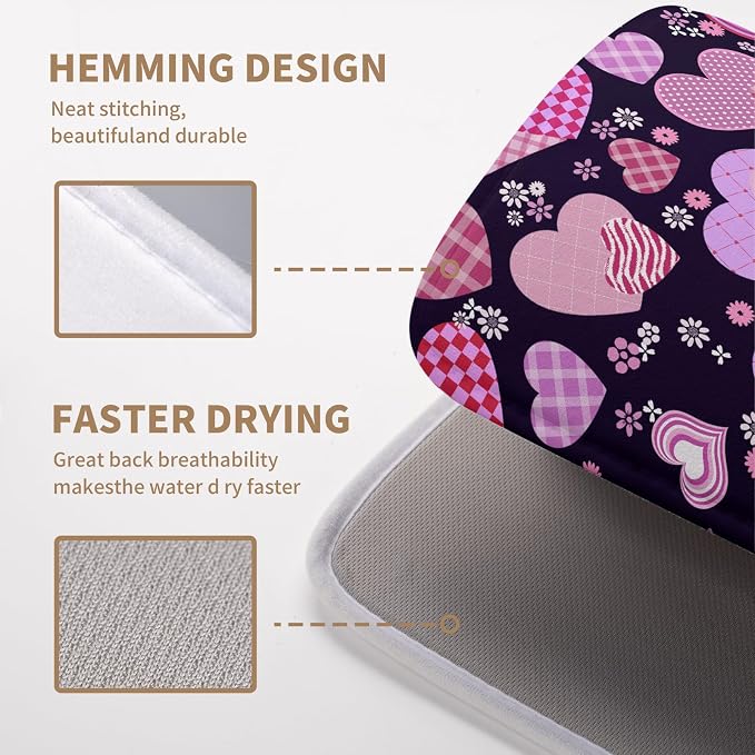 Valentine's Day Pink Love Heart Dish Drying Mat - Black Kitchen Microfiber Absorbent Drainer Rack Pad for Counter Decor - 16x18 In