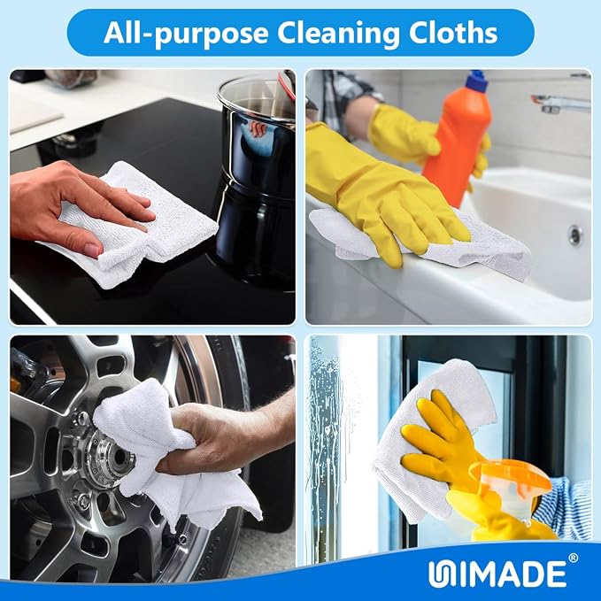 UNIMADE Shop Towel Rags, 50 Pack Reusable Shop Rags Bulk Microfiber Cleaning Cloth Lint Free Cleaning Towels for Car Kitchen Automotive Bar Mechanic Restaurant Garage, 11.5"x 11.5", White