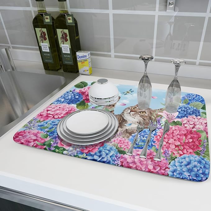Cute Cat Dish Drying Mats for Kitchen Counter Hydrangea Floral Absorbent Drying Dishes Mat Large 18 X 24