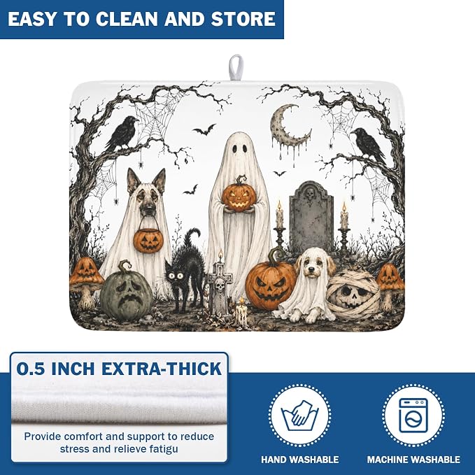 Halloween Ghost Dish Drying Mat for Kitchen Counter Spooky Pumpkins Dog Cat Crow Pattern Microfiber Dish Drainer Mat Vintage Holiday Absorbent Washable Drying Pad 18"x24"