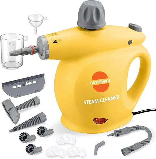 Handheld Steam Cleaner, Pressurized Multi-Surface Steam Shot with 13 Accessories, Safety Lock, Steamer for Cleaning Floor, Upholstery, Grout, Windows, Couch and Car (Yellow)