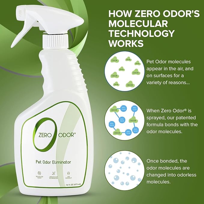 Zero Odor Pet Odor Eliminator, Air and Surface Odor Remover for Carpet, Furniture, and Pet Beds, Trigger Spray, 16 fl oz