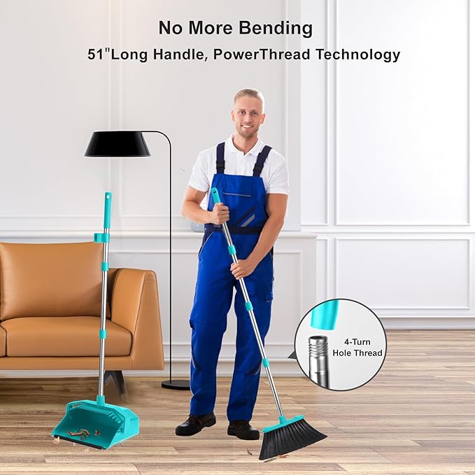Broom and Dustpan Set for Home, 51" Long Handle Standing Dustpan Blue | Self-Cleaning Dust Pan and Brooms, ZeroGap Lip, Upright Storage Broom Combo for Kitchen Lobby Office Restaurant Indoor