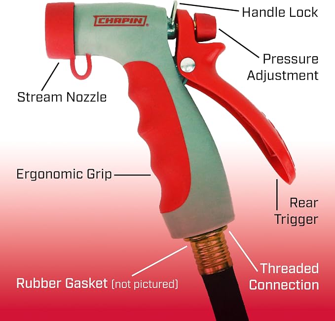 Chapin USA 4693: High Temp, Hot Water Pistol Grip Spray Nozzle with Threaded Connection, Stream Spray for Cleaning, Washing Cars, Watering and Outdoor Jobs, Red/Black