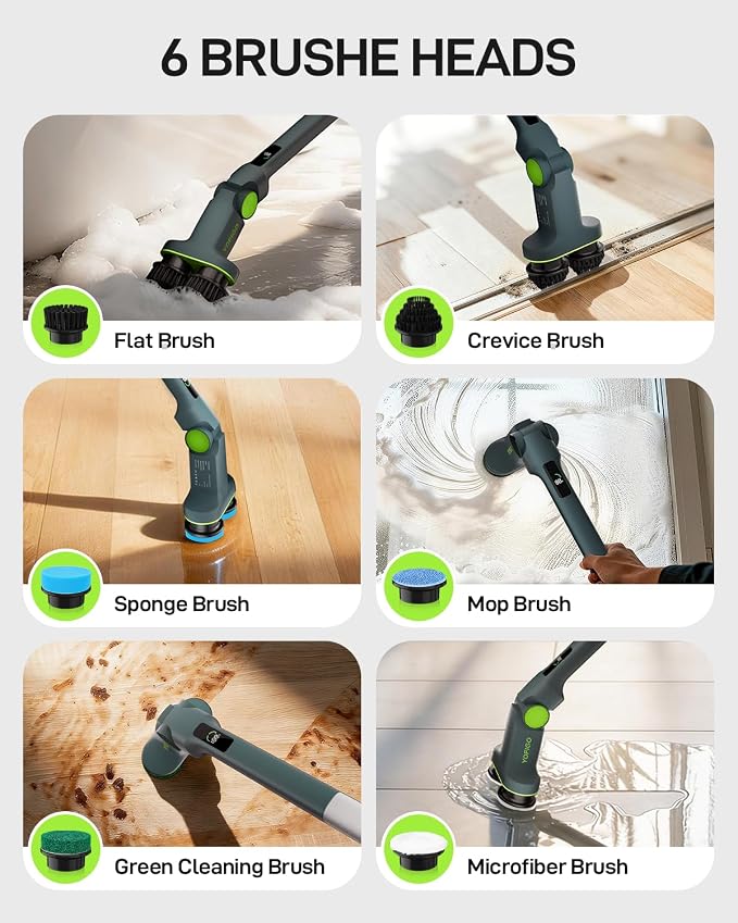 Electric Cleaning Brush, Dual Head Power Brush Scrubber with Infrared Control, 8-in-1 Cordless Power Scrubber for Bathroom & Shower, Electric Scrubber with Adjustable Handle for Bathtub, Tile, Floor