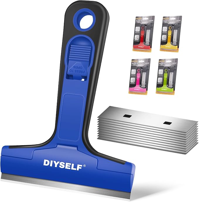 DIYSELF Razor Blade Scraper with 10 Extra 4" Blades, Scraper for Cleaning | Glass Scraper for Cleaning, Glass Stove Top Scraper, Window Scraper, Paint, Cooktop, Oven Scraper, Razor Scraper Tool, Blue