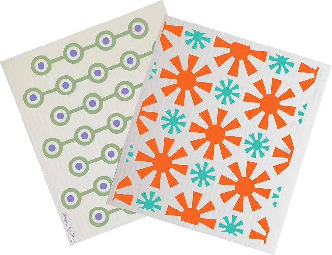 Skoy Cloth 2-Pack Eco-Friendly & Reusable Swedish Dishcloth, for Kitchen & Household Use, Plastic-Free Packaging, Dishwasher Safe, Designer Series – Connections/Sunburst, White Skoy Cloth