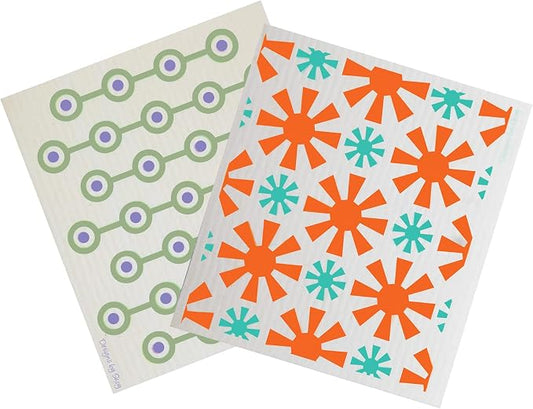 Skoy Cloth 2-Pack Eco-Friendly & Reusable Swedish Dishcloth, for Kitchen & Household Use, Plastic-Free Packaging, Dishwasher Safe, Designer Series – Connections/Sunburst, White Skoy Cloth