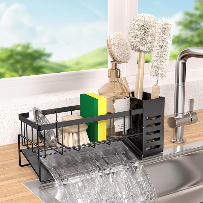 Kitchen Caddy Sink Organizer,Sponge Holder with Dish Brush Holder,Sponge Caddy Soap Dispenser Storage,304 Stainless Steel Kitchen Sink Accessories Over the Sink Shelf