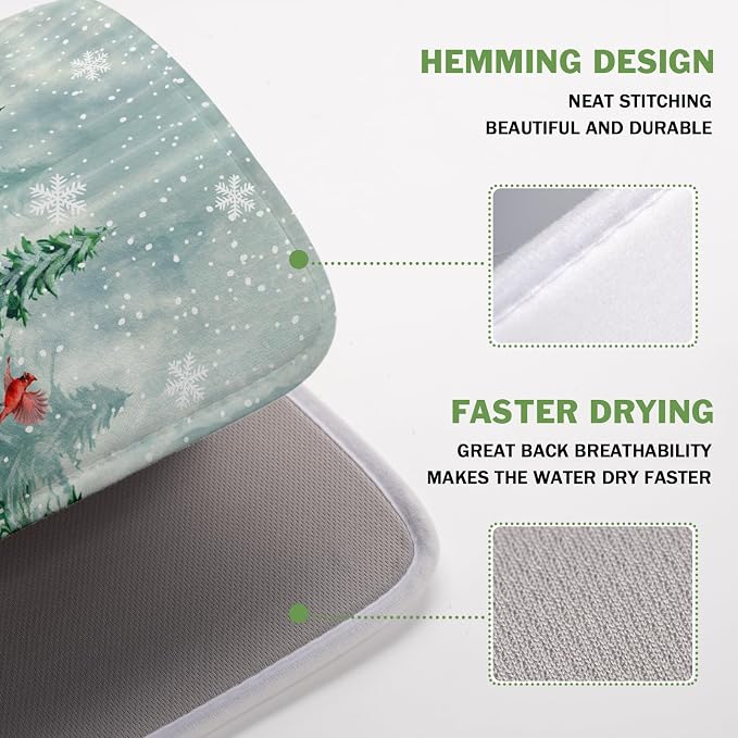 Welcome Winter Pines Tree Dish Drying Mat, Winter Snowflake Dish Drying Mat for Kitchen Counter, Red Birds Absorbent Fast Dry Dish Drainer Mat Protector Xmas Microfiber Dish Drying Pad 16"x18"