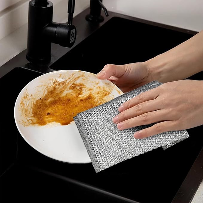 Double-Layer Steel Wire Cleaning Cloth - Non-Scratch Wire Dishcloth Rag Heavy Duty Scrub Pads Multi-Purpose Silver Mesh Scouring Pads for Dishes, Pots, Pans (20PCS)
