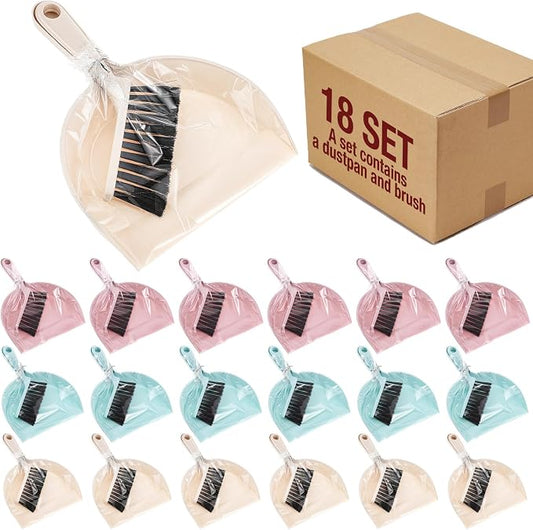 Sliner 18 Pack Mini Dustpan Brush Set Small Broom Set Bulk,Blue, Pink,Beige | Nesting Snap Plastic Dust Pans with Brush, Small, Handheld, Portable, Cleaning, Suitable for Desktop Pets Care Camping