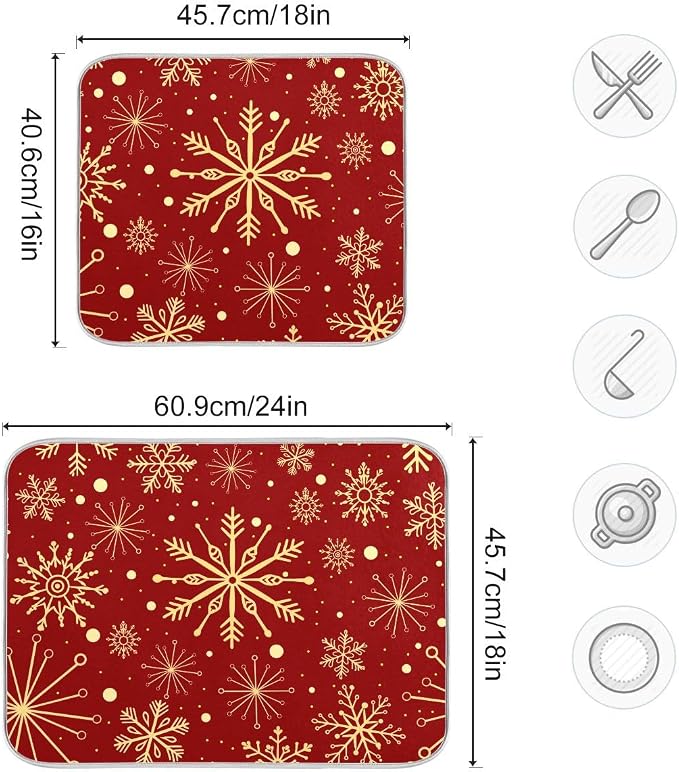 Christmas Snowflakes On Red Dish Drying Mat for Kitchen, Absorbent Microfiber Drying Pad Dish Mat, 16" X 18"