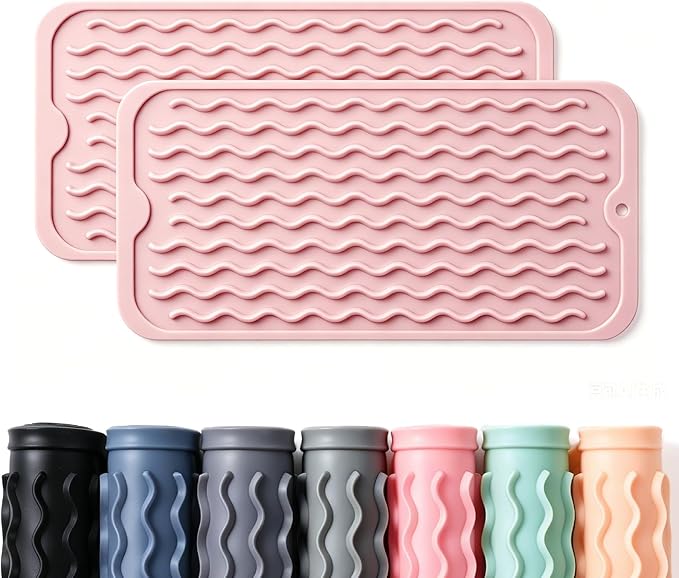 2 Pack Caketime Silicone Dish Drying Mat for Kitchen Counter Under Sink Storage Near Bathroom Faucet Heat Resistant Pad for Stove Top Placemats Soap Holder Stone Dryer Organizer 12"x6" Pink