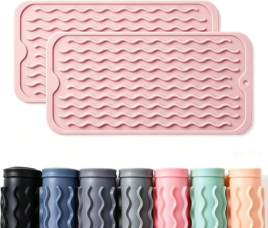 2 Pack Caketime Silicone Dish Drying Mat for Kitchen Counter Under Sink Storage Near Bathroom Faucet Heat Resistant Pad for Stove Top Placemats Soap Holder Stone Dryer Organizer 12"x6" Pink