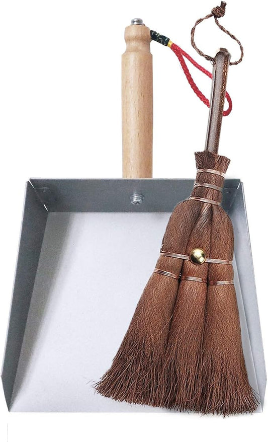 Mini Metal Dustpan and Brush Set for Fireplace Ash Cleanning | Heat-safe stainless steel dust pan and natural palm fiber hand broom, Anti-static for woodstove, Non plastic and eco-friendly