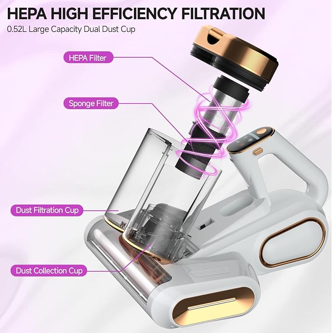 Mattress Vacuum Cleaner - 16Kpa Bed Vacuum with 253.7nm UV-C Light, 140°F Heat, Ultrasonic Tech & Hepa Filter, Portable Handheld Couch Cleaners for Pet Carpet Sofa Hair Home (White/G-Cordless)