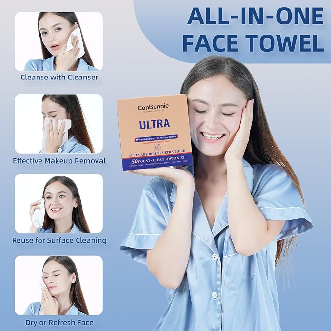 Clean Face Towels XL, Thickened Design with New Textured, 10"×12" Biobased Facial Towels, Disposable Face Towelette, Makeup Remover for Skin Care, Clean Skin, 50 Count (1 Pack)