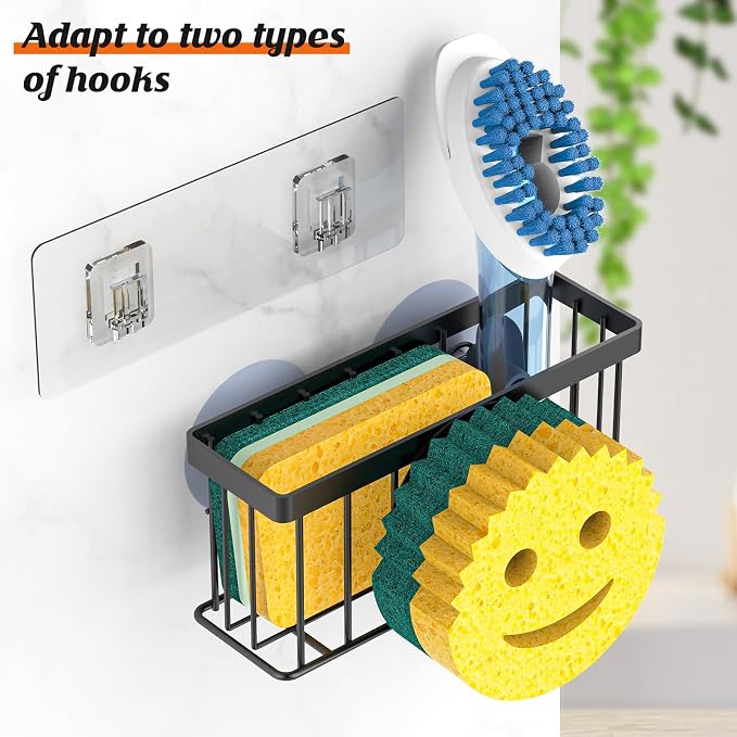 MURLONG Sponge Holder Smiley Face, Sink Organizer with 2 Suction Cups/1 Adhesive Strips, Designed for Sponge, Soap, Dish Brush, Scrubber - Black