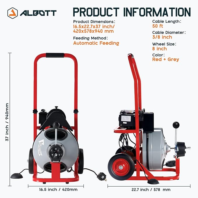 Albott 50 FT x 3/8 inch Electric Drain Cleaner Machine with Auto-Feed & 10 Cutters, Sewer Snake Auger for 1–4 Inch Pipes, Foot Switch & Wheels, Ideal for Home & Commercial Use, Gray/Red