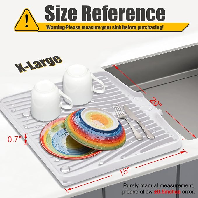TIKNIK Silicone Dish Drying Mat for Kitchen Counter - Heat Resistant & Non-Slip Dish Drain Pad with Built-In Drain, Dishwasher Safe, Quick-Dry, Hangable & Roll-Up for Storage, White-1pcs, 20" x 15"