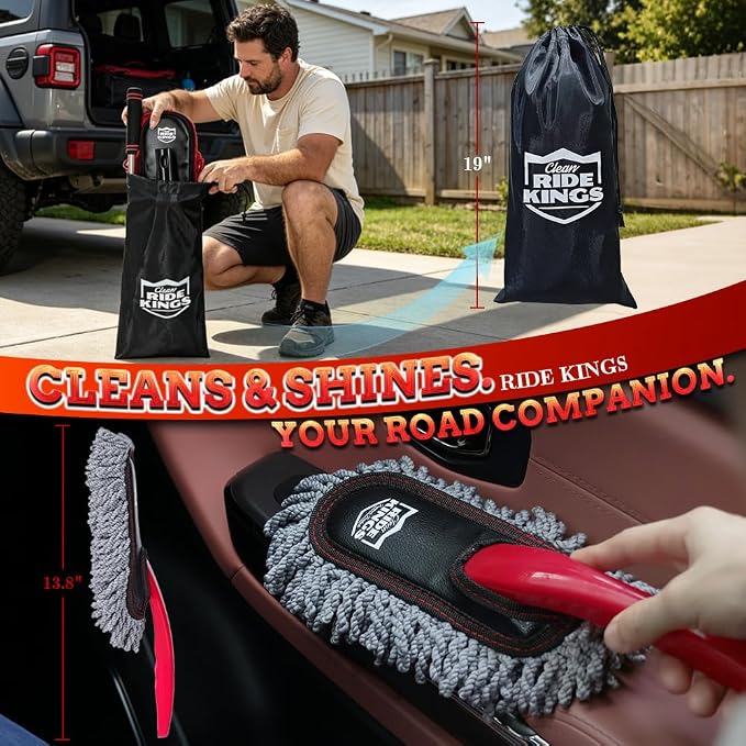 Exterior Car Duster & Brush Kit - Extendable，Wax Cotton | Telescoping auto mop traps pollen scratch-free. Combo with inside detailing tools & bag. Gift for SUV, truck, motorcycle.