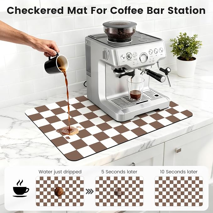 Checkered Dish Mat for Kitchen Coffee Station, 12" x 20"Coffee Brown | Quick Drying & Absorbent Mat for Coffee Bar Espresso Machine Countertops Accessories