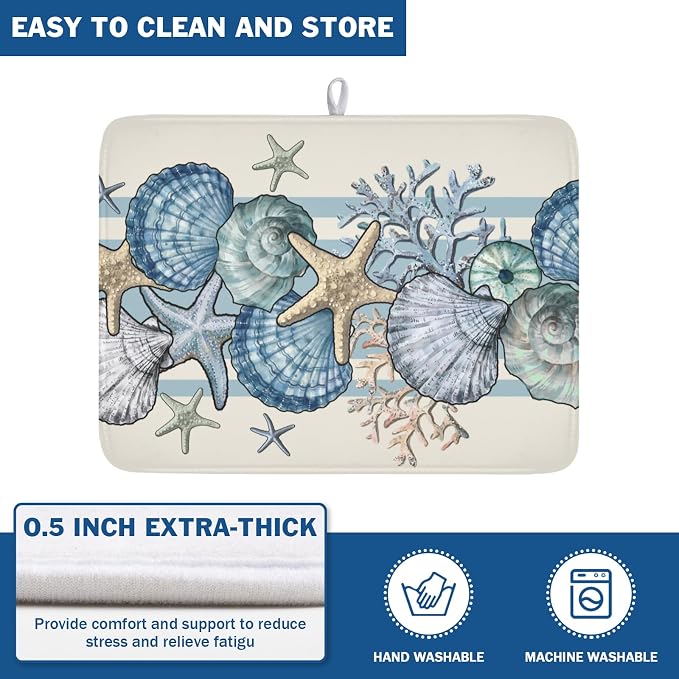 Nautical Coastal Dish Drying Mat for Kitchen Counter Summer Beach Seashell Starfish Microfiber Dish Drainer Mat Ocean Blue Pattern Absorbent Washable Drying Pad Extra Large 18"x24"