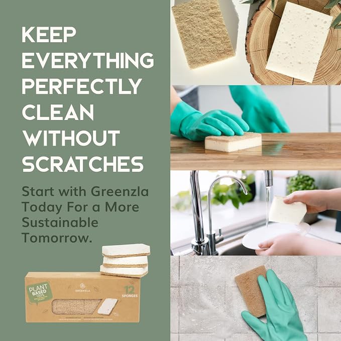 GREENZLA 12 Pack Kitchen Sponges | Non-Scratch Hemp & Sisal | Dual-sided: scrubbing + absorbent cellulose | Odor-resistant | Biodegradable | Dishes, sinks & bathtubs
