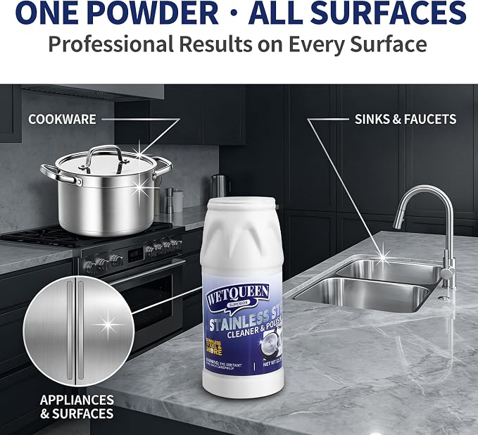 WETQUEEN Stainless Steel Cleaner and Polish Kit - Heavy Duty Cookware Cleanser Powder with 3 Pads - Removes Burnt Stains, Rust, Water Spots & Grease from Pots, Pans, Sinks & Appliances (12.35 oz)