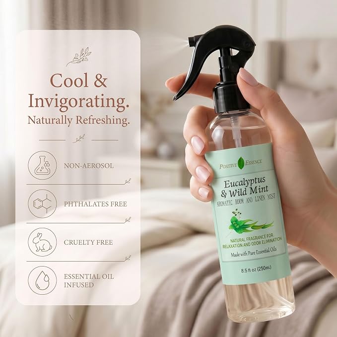 Eucalyptus & Wild Mint Room and Linen Spray, Natural Aromatic Mist Made with Pure Eucalyptus & Wild Mint Essential Oils, Refreshing Air Freshener Odor Eliminator Positive Essence (8.5 fl oz)
