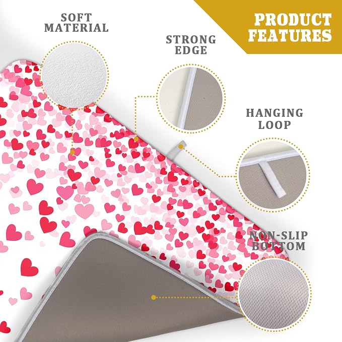 Valentine's Day Dish Drying Mat for Kitchen Counter Love Heart Kitchen Dish Drying Pad 16”x18” Absorbent Reversible Happy Valentine Dishes Drainer Pad Dish Drying Rack Mat for Countertop