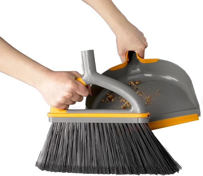 Casabella Ergo Broom & Dustpan Set Angled Broom with Replaceable Bristle Head & Hang Loop, 54-Inch, Gray