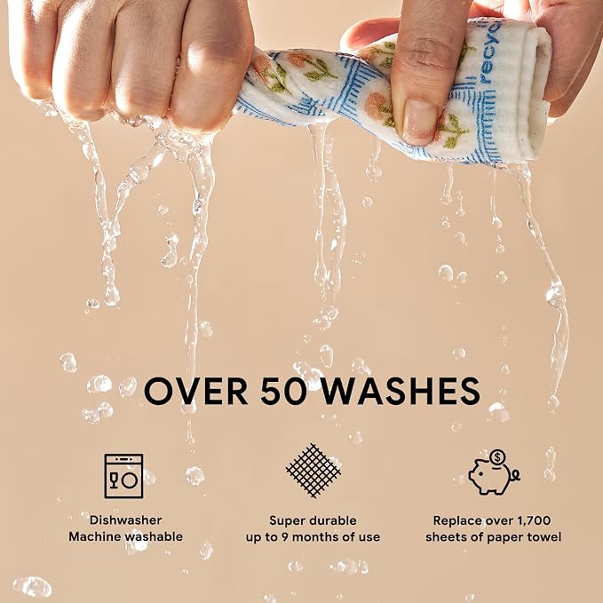 RECYCO Swedish Dishcloths for Kitchen | 6 Packs Bloom Tiles Washable Dish Rags | Cellulose Reusable Cleaning Paper Towels | Absorbent Counter Dish Cloth Sponge Kitchen Wipes, 8" L x 7" W