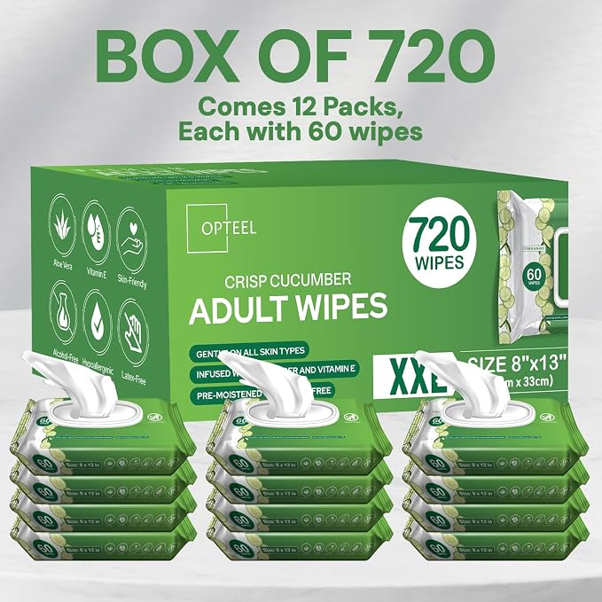 OPTEEL Wipes for Adults – Extra Large 8x13, Scented, Pre-Moistened, 720ct | Rinse-Free, Super Soft, Aloe & Vitamin E Infused Disposable Washcloths for Personal Cleansing & Incontinence Care