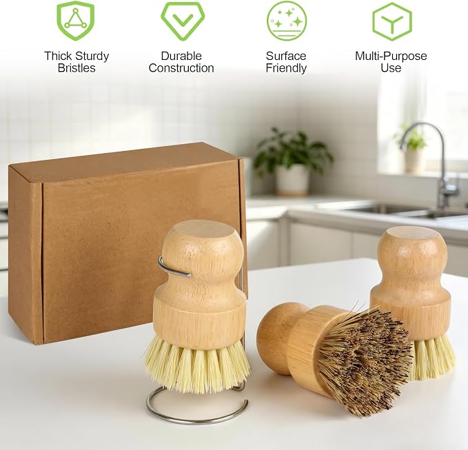 4 Pack Bamboo Dish Brush Set with Holder, 2 Sisal Dish Brushes & 1 Palm Scrub Brush, Natural Kitchen Scrub Brush for Dishes, Pots, Pans, Sink