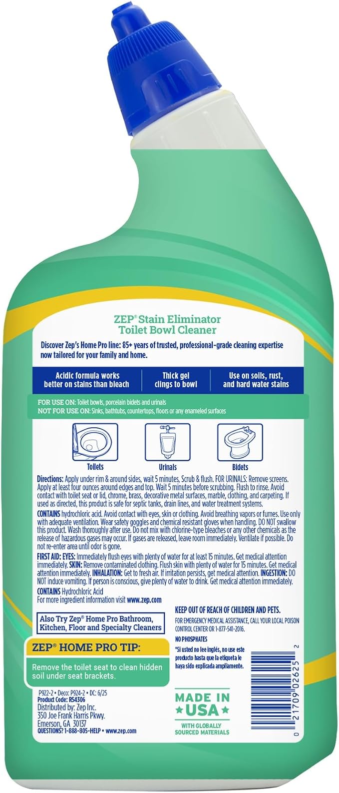 Zep Home Pro Pro-Strength Stain Eliminator Toilet Bowl Cleaner - 24 FL OZ (1 Pack) - Dissolves Tough Limesacle and Rust Stains