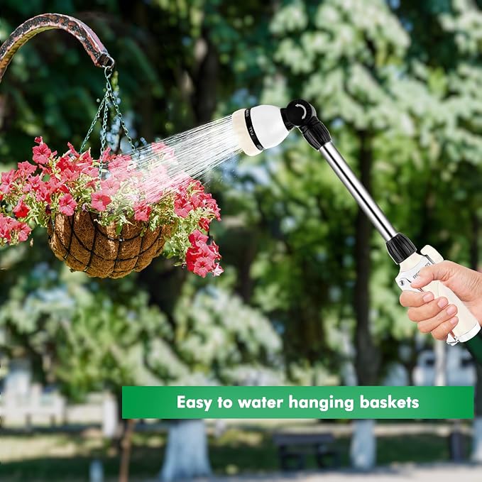 RESTMO Heavy Duty Metal Hose Wand, Watering Wand for Garden Hose | 180° Swivel Ratcheting Head, 16'' Hose Sprayer, 7 Spray Patterns, Flow Control, Ideal for Hanging Baskets & Shrubs, White