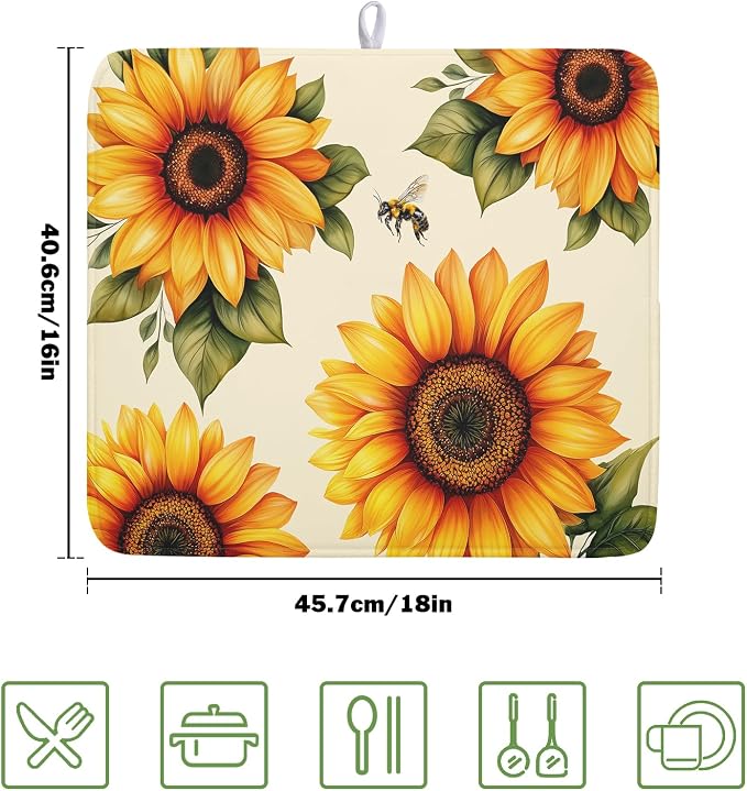 Sunflower Dish Drying Mat 16x18 Inch Absorbent Reversible Summer Drying Mat Sunflower Bee Dish Drying Rack Mat Yellow Summer Themed Dish Drainer Mat for Kitchen Counter Coffee Bar
